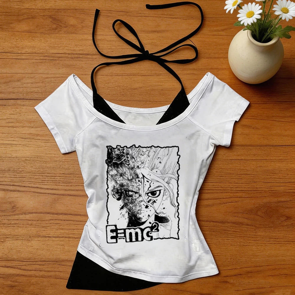 Dr Stone cropped top women party funny japanese manga t-shirt scene  party baddie funny