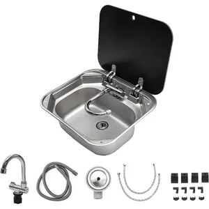 RV Sink, 16.54×14.57×5.91 Inch Small Stainless Steel Bar Camping Sink with Folde Faucet and Tempered Glass Cover for Camper Trai