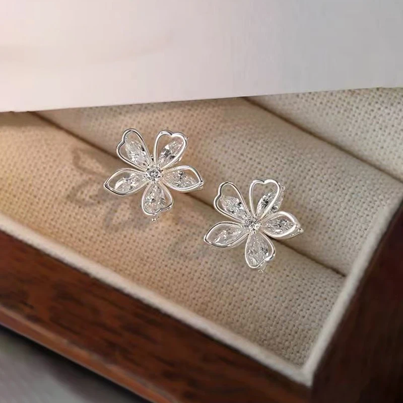 925 Sterling Silver Needle Zircon Hollow Flower Plant Stud Earrings For Women Cute Fashion Jewelry Piercing Hole Accessories gallery 2