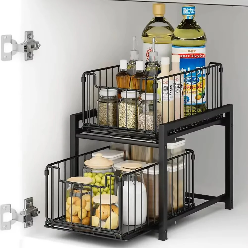 2-stöckiger Metall-Unterschrank-Organizer - Verstellbare Ausziehschublade Stapelbarer Organizer - Perfekt für Küche und Bad, Einfach zu Installieren, Ideal für Gewürze, Utensilien und Reinigungsmittel