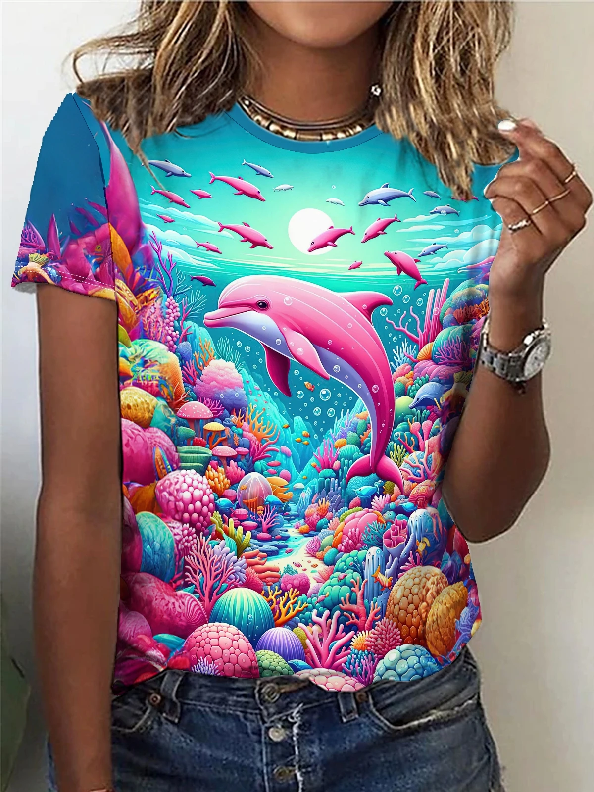 Pink Dolphin Print T-shirt, Casual Crew Neck Short Sleeve Top For Spring & Summer, Women\'s Clothing