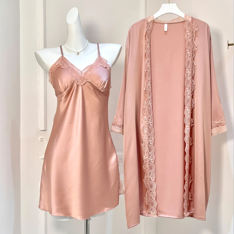 

DAIMELU sexy pajamas women's summer with chest pad halter sleepwear set nightdress suit long-sleeved nightgown lady nightdress