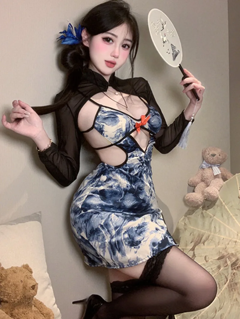 เซ็กซี่ Pure Desire Backless ลึก V ดอกไม้พิมพ์ชุด Hollow Out Sheer Temptation Cheongsam ชุดชุด Elegant Charming 8G50