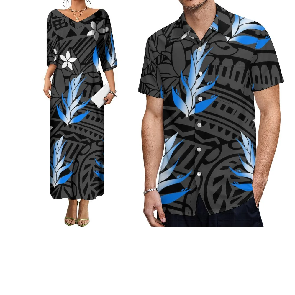 Polinezyjskie letnie stroje dla par z krótkim rękawem szyte na miarę, modne sukienki damskie i koszule męskie w stylu retro