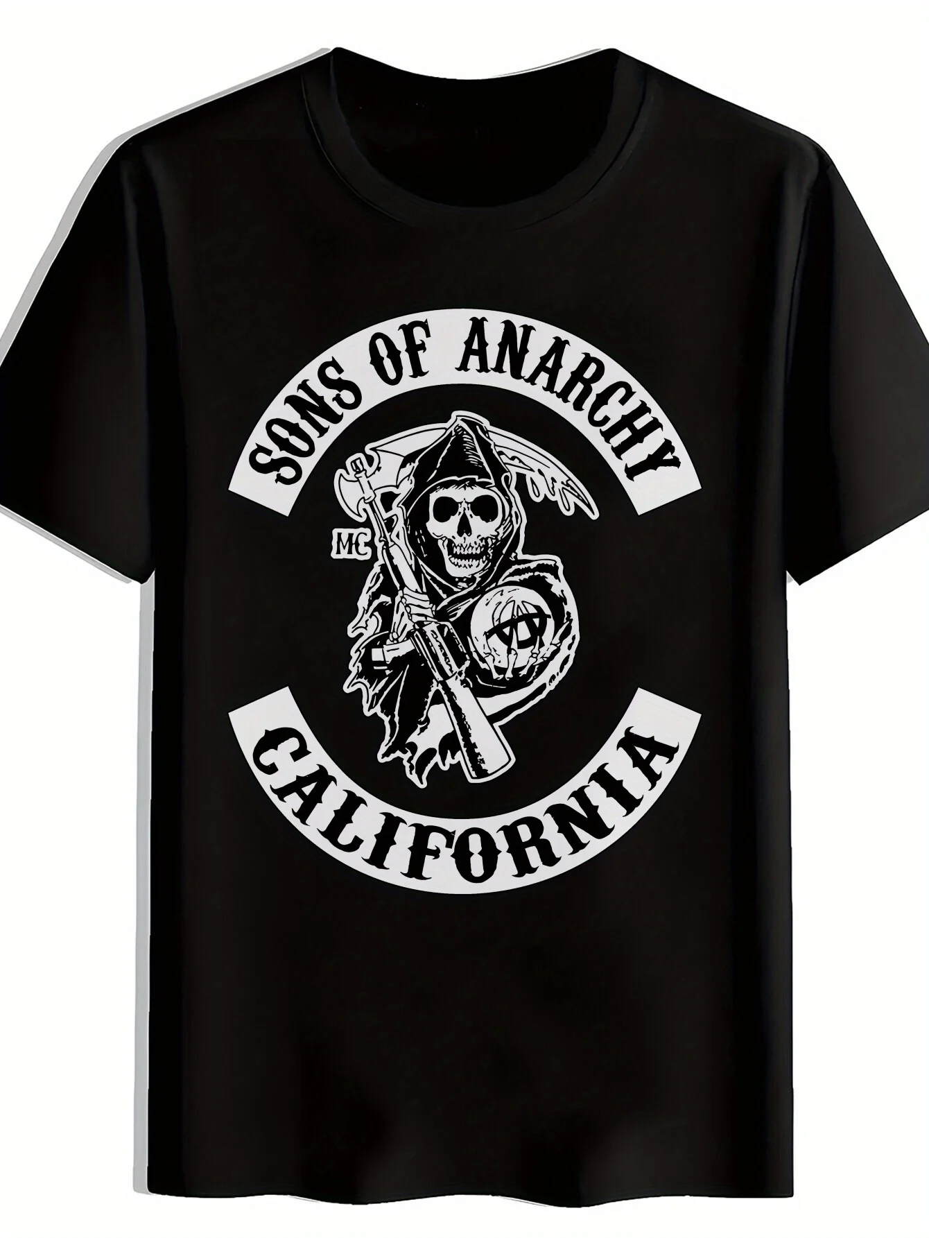 Camiseta de manga corta con estampado de calavera para hombre, diseño Sons of Anarchy California, color negro de verano con estampado blanco, cuello redondo, corte regular