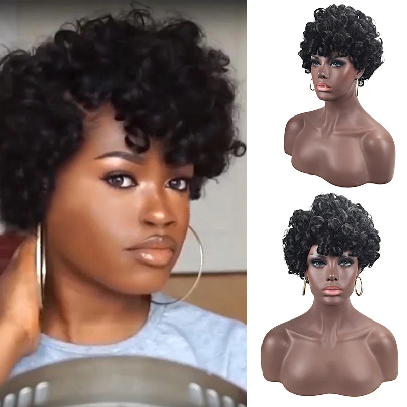 Women's short curly wig, black side-parted small curls, African style