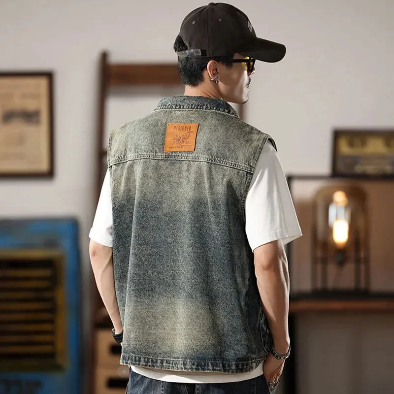 Spring and Autumn Denim Vest Men's Retro Nostalgic Large Size Sleeveless Waistcoat Workwear Pocket Jacket