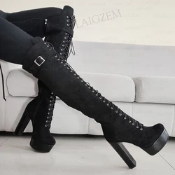 LAIGZEM Women Over Knee High Boots Platform Full Zipper Wide Calf Friendly Thick High Heels Boots Shoes Woman Big Size 42 47 52