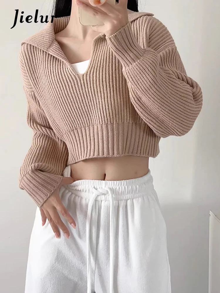 Jielur-jerséis holgados franceses de Color sólido para mujer, suéter Sexy de punto con cuello en V, blanco, negro, gris, caqui, Coreano