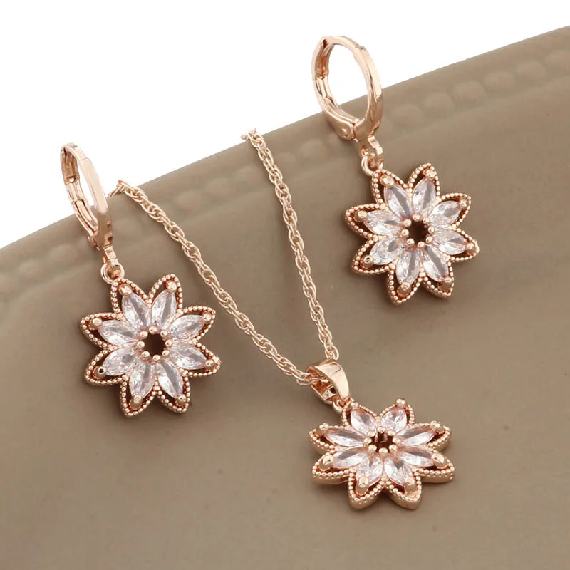 New Trend Earrings 585 Rose Gold Color Hanging Earrings Stes for Women Fashion High Quality Natural Zircon Flower Jewelry Set