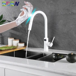 White Touch Digital Kitchen Faucet with Pull Down Sprayer Hot Cold Kitchen Mixer Tap Intelligent Digital Touch Kitchen Faucets