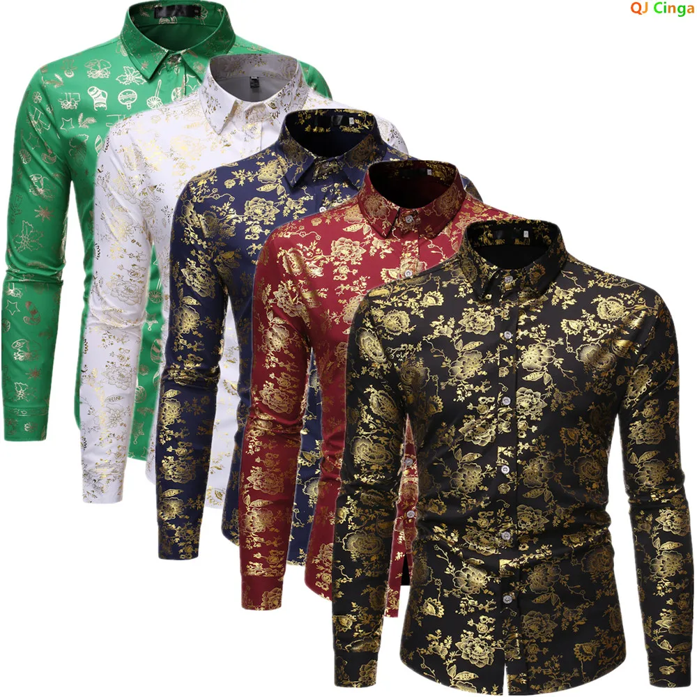 2026 Spring Men's Black Long-Sleeve Shirt Single-Breasted Collared Shirt with Gold Print Available in Green,Blue,Burgundy,White.