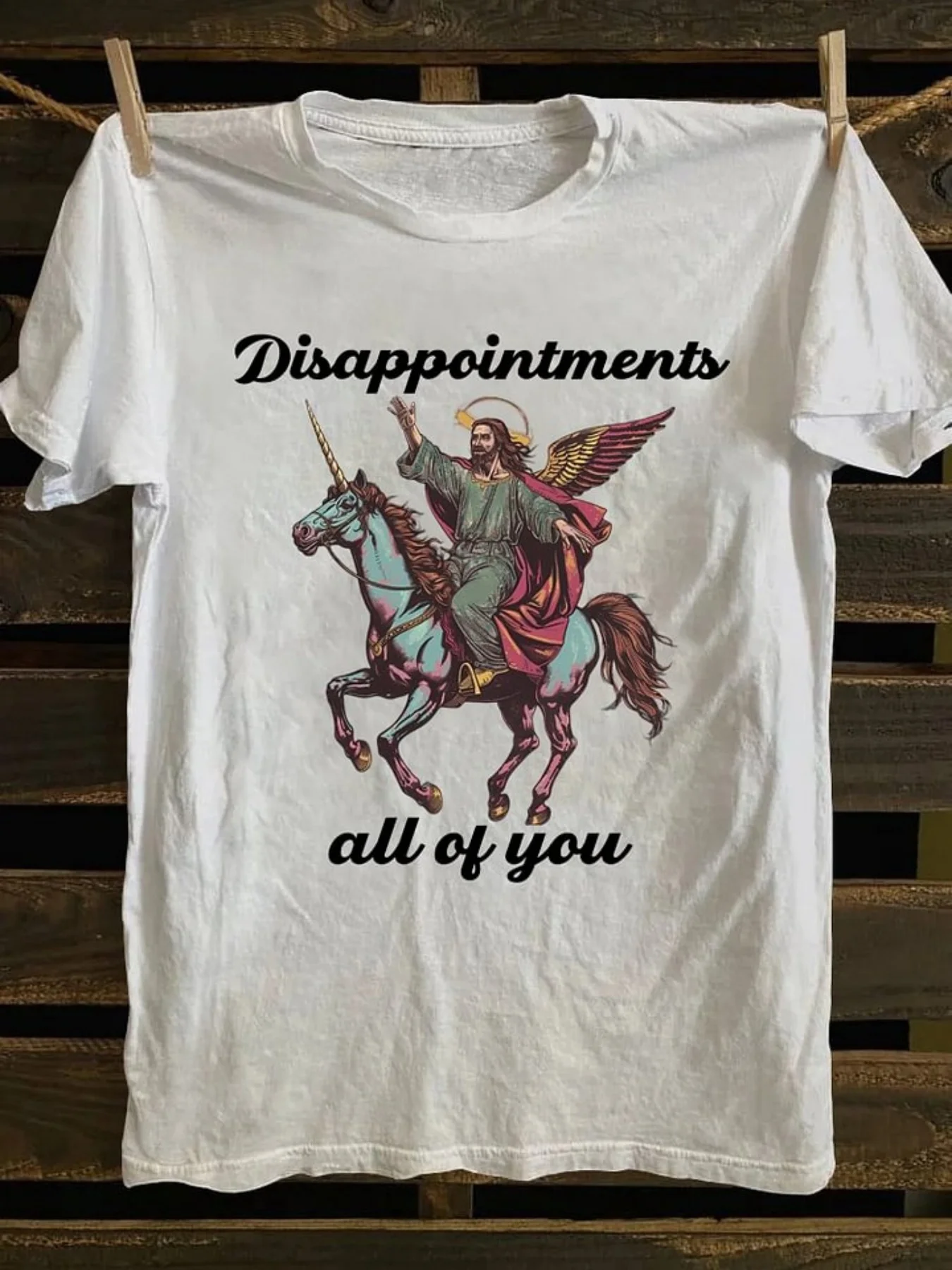 T-Shirt White Casual Graphic Tee with Jesus Riding Unicorn Disappointments All Of You Print for Daily Use, for Teenager