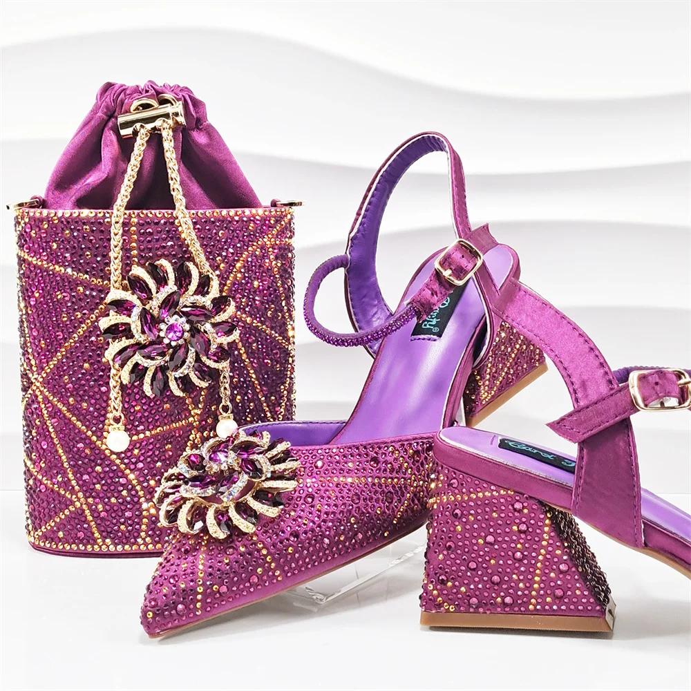 Magenta Women Stones Shoes And Bag Set Luxury African Ladies Pumps Match With Handbag Purse Clutch High Heels Sandals QSL107