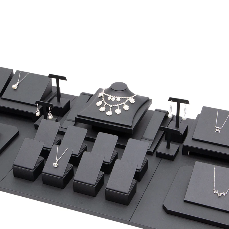 Deluxe PU Leather Metal Jewelry Display Stand Set Ring Necklace Stand Counter Window Rack High Jewelry Container