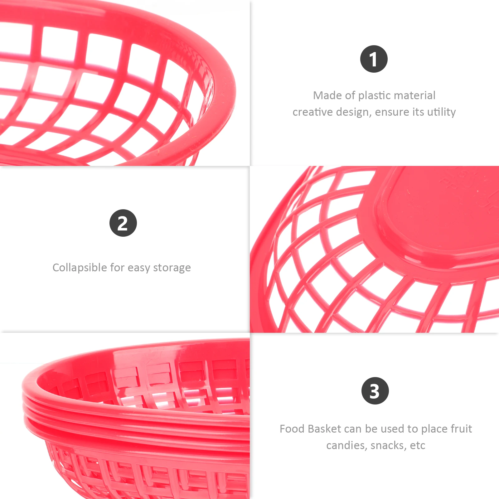 

4pcs Plastic Storage Baskets for Fruit Snacks Vegetables Reusable Small Red Fast Food Tray Home Office Organization