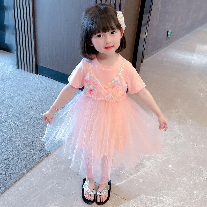 2026 New Girls Dress Fake Two Mesh Suspender Skirt Children Baby Princess Dress Foreign Style