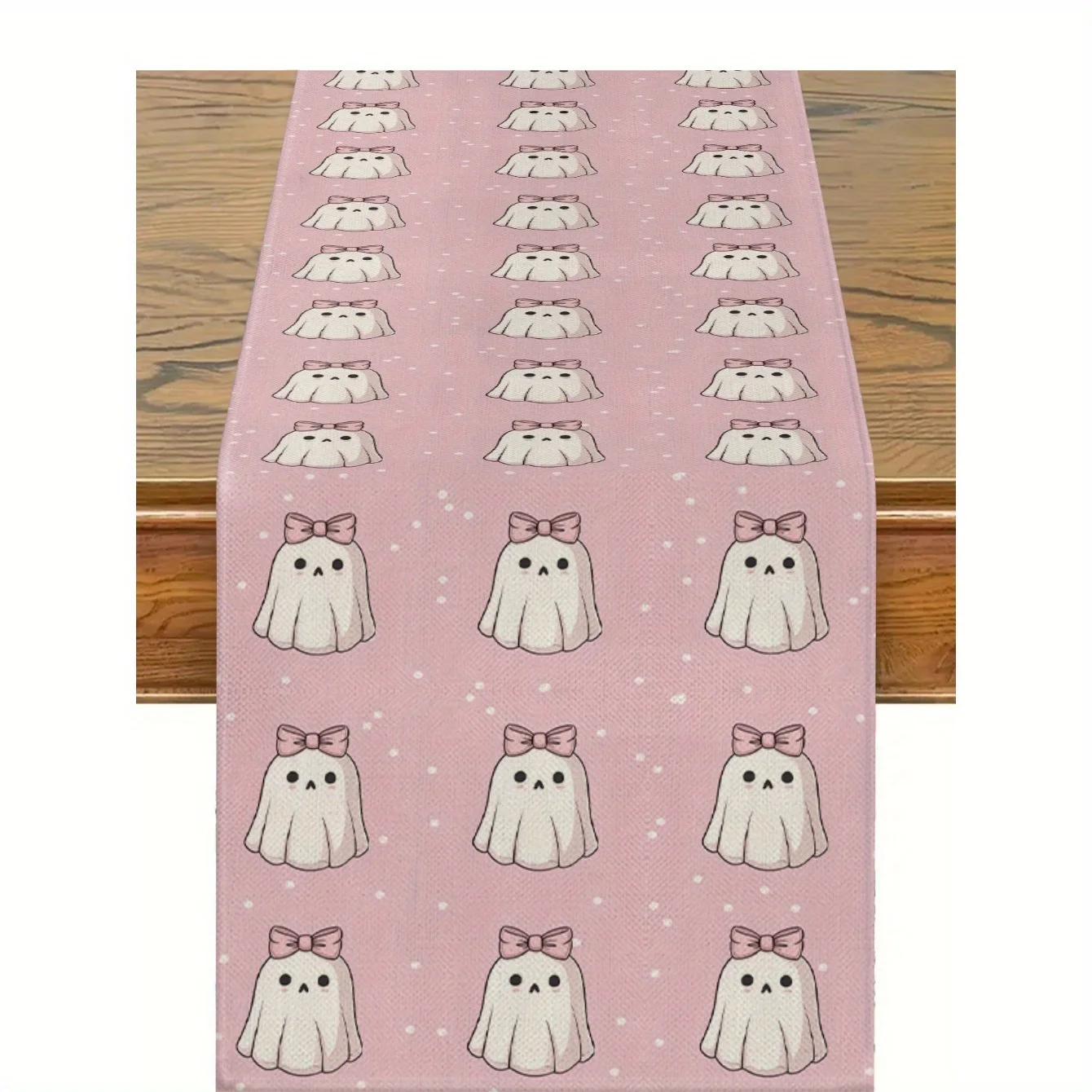 1 Piece of Halloween-Themed Table Runner with Pink Bow and Ghost Print Design, Suitable for Parties, Restaurants, Homes, Markets, and Holiday Decoration Settings.