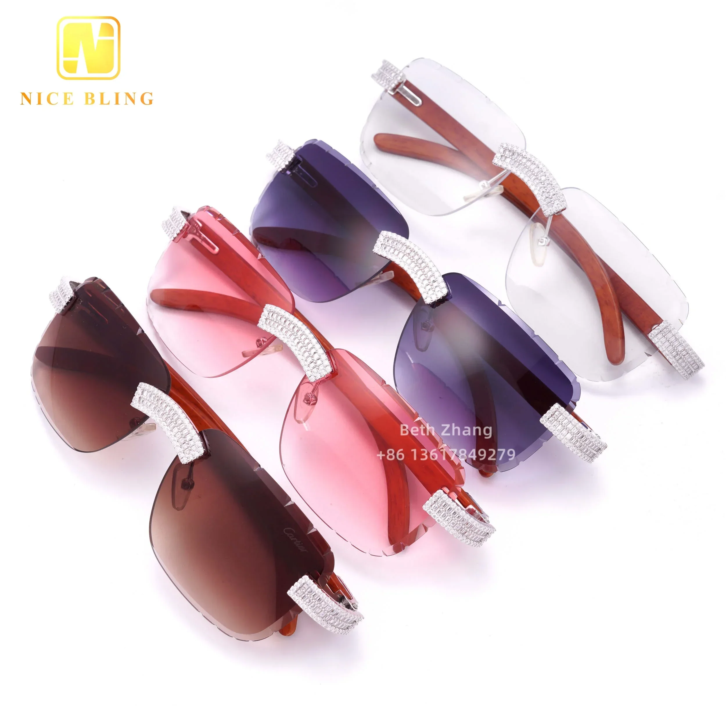 Natural Wooden Temples 925 Silver Moissanite Glasses Fashion Hip Hop Jewelry Baguette Cut Lab Diamond Sunglasses