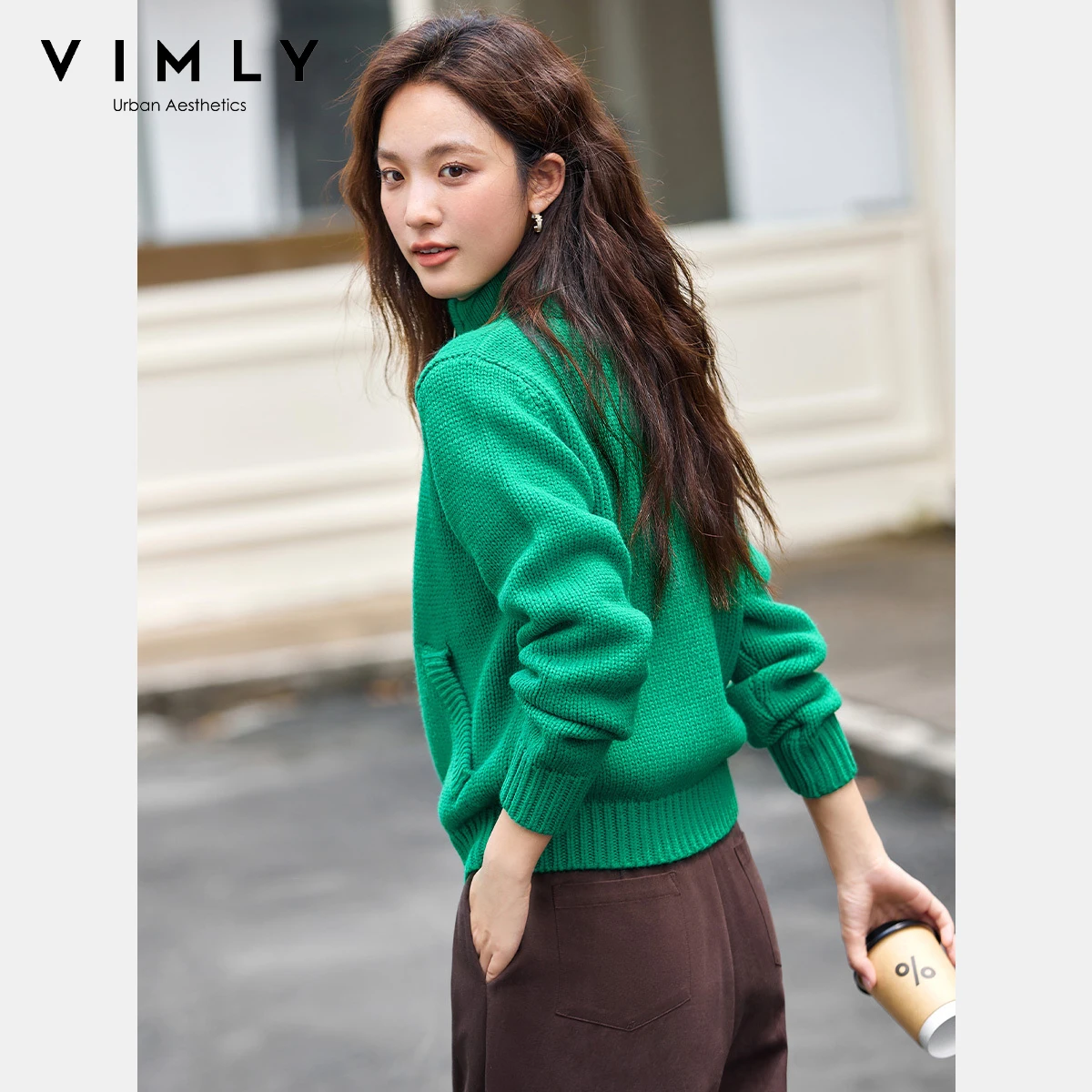 Vimly cardigan de malha feminino outono 2025 casual zip up gola alta manga longa jumpers elegante bolso solto senhora suéteres 75185