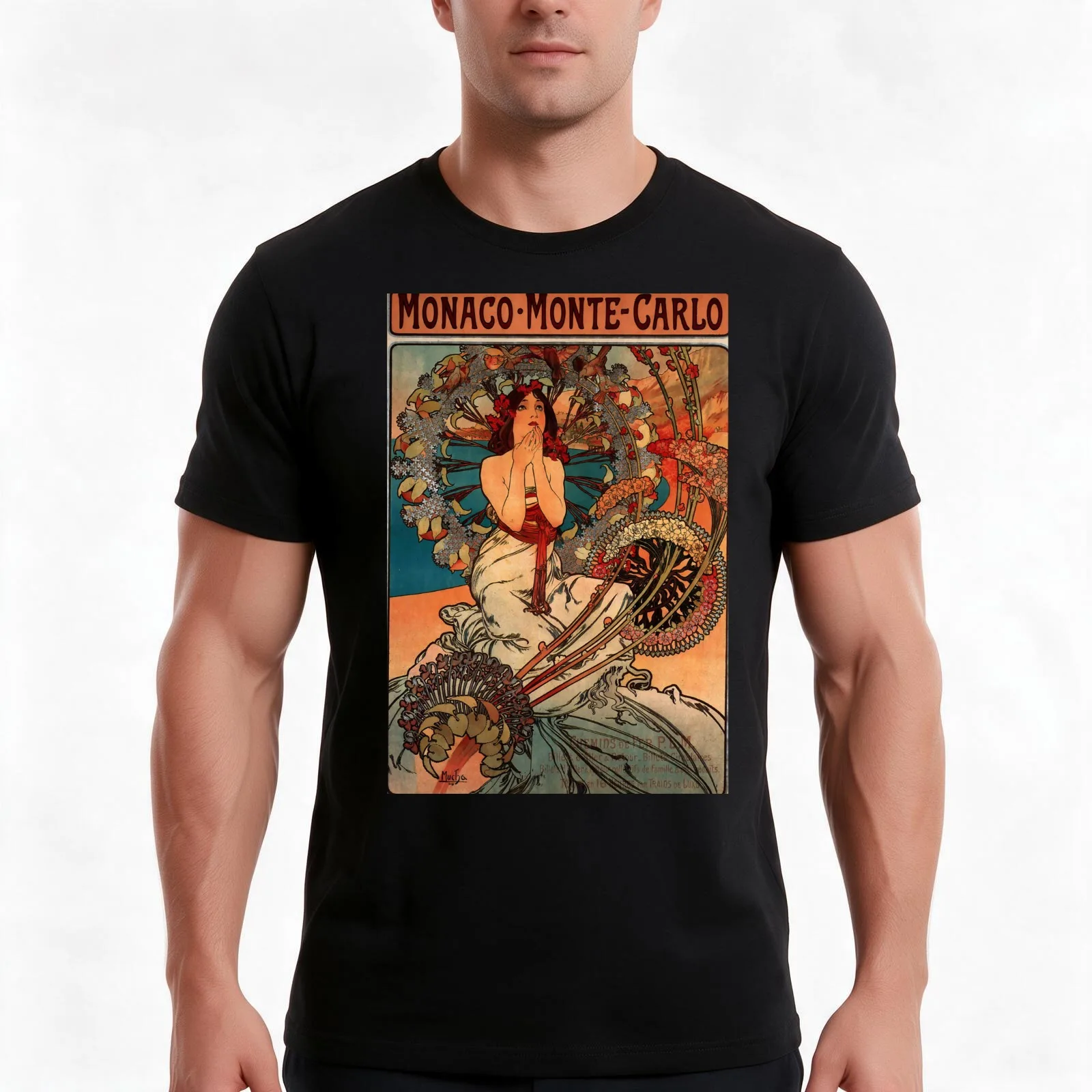 Monaco Monte Carlo.1897,Alphonse Mucha,litography T-Shirt, Summer Casual Cotton Tee, Oversized Streetwear Tops, Unisex Men Women