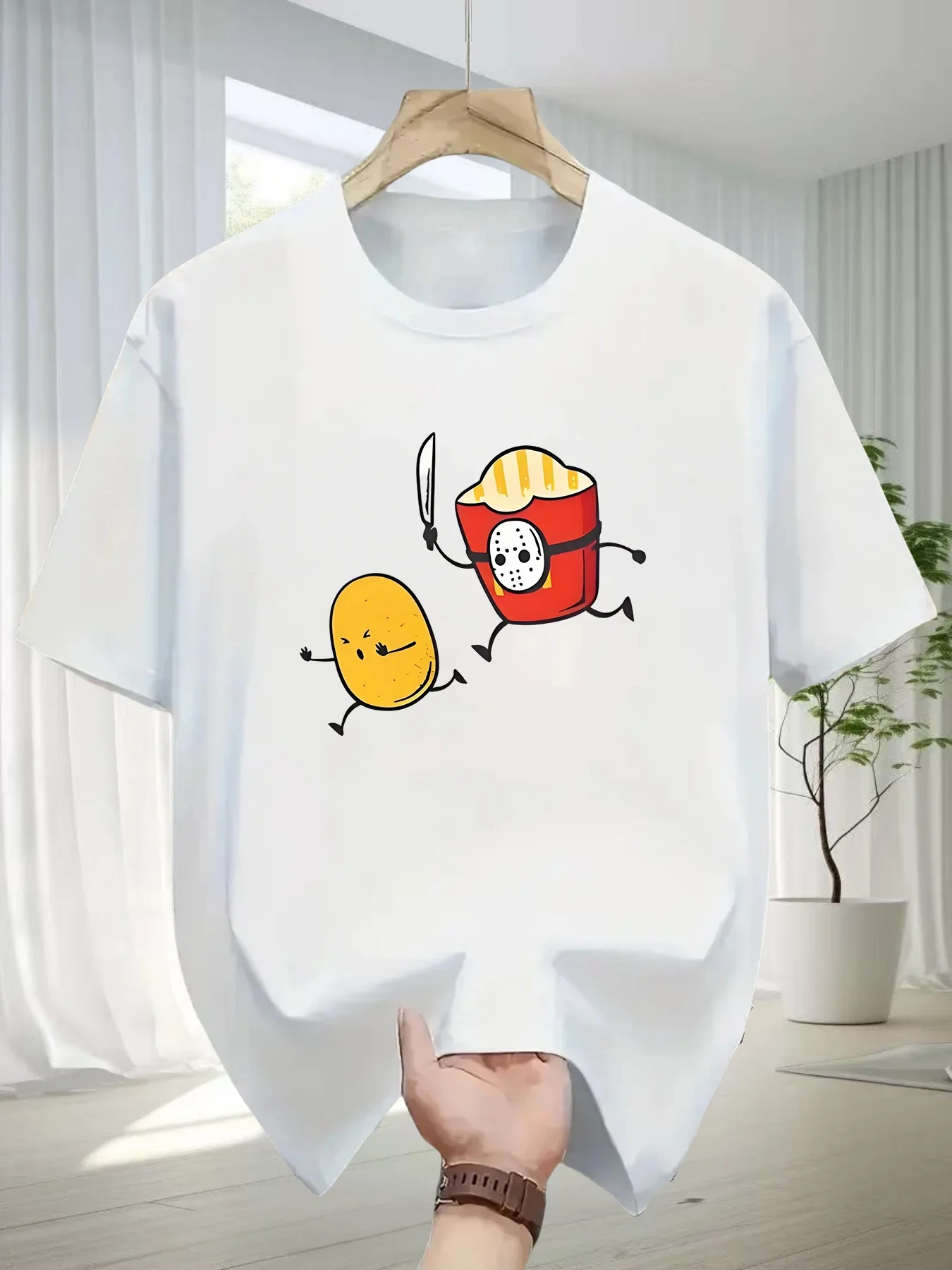 مضحك البطاطس مقابل القاتل المقلية الجرافيك تي شيرت الرجال عادية القطن قصير الأكمام المحملة ملابس الصيف