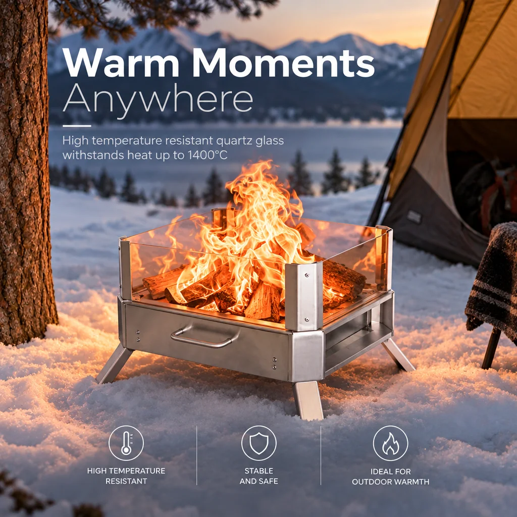 Outdoor Firewood Burner Portable Stainless Steel Stove Foldable Square Fire Pit Wood Burning Heater Glass Furnace Camping Hiking