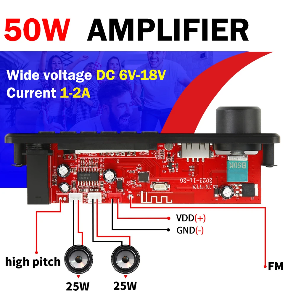 DC 6-18V Stereo Audio Amplifier 25W+25W Bluetooth 5.0 MP3 Player Decoder Board with Recording Call Lossless Motherboard