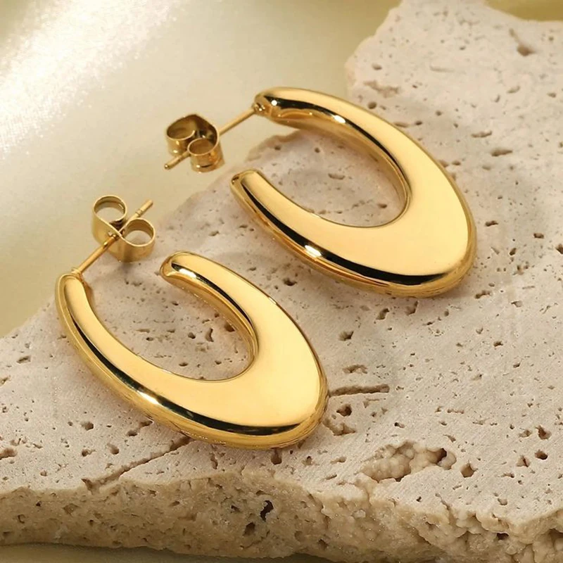 Exquisite Stainless Steel U Shape Hoop Earrings for Women 18K Gold Plated Waterproof Glossy Metal Hammered Earrings Punk Jewelry