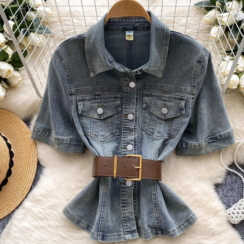 

Vintage Denim Jacket Shirt Waist-Cinched Shoulder-Length Women's Short Sleeved Jeans Top Set Summer New Simple Artistic Style