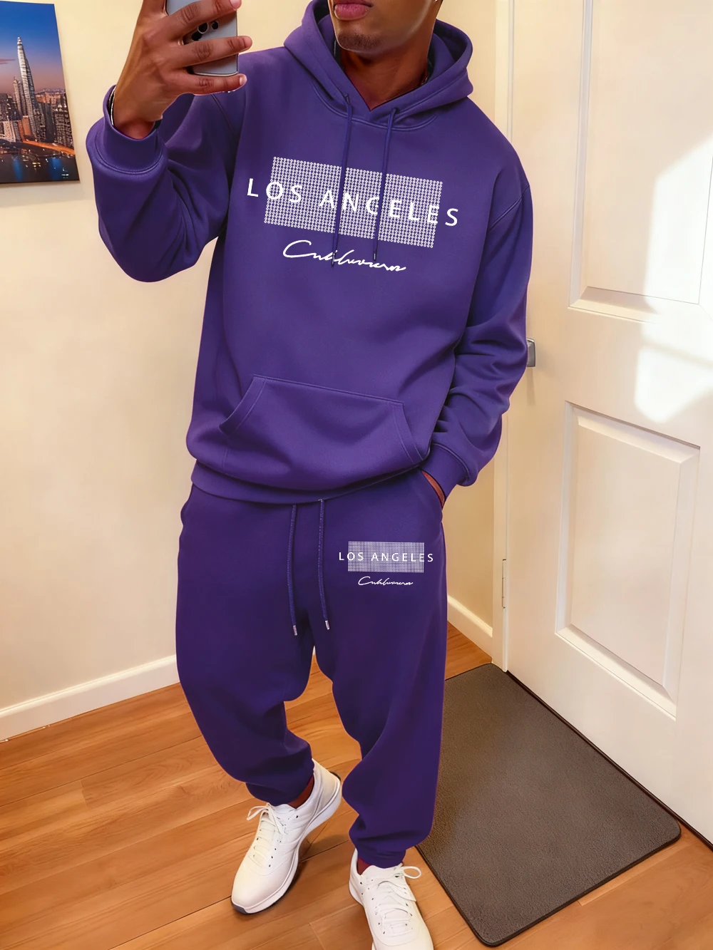 2 قطعة مجموعة هوديي الرجال لوس انجليس نمط مطبوعة Sweatpants جيب غير رسمي فضفاض مقنعين بنطال رياضي الشتاء الصوف الملابس الدافئة