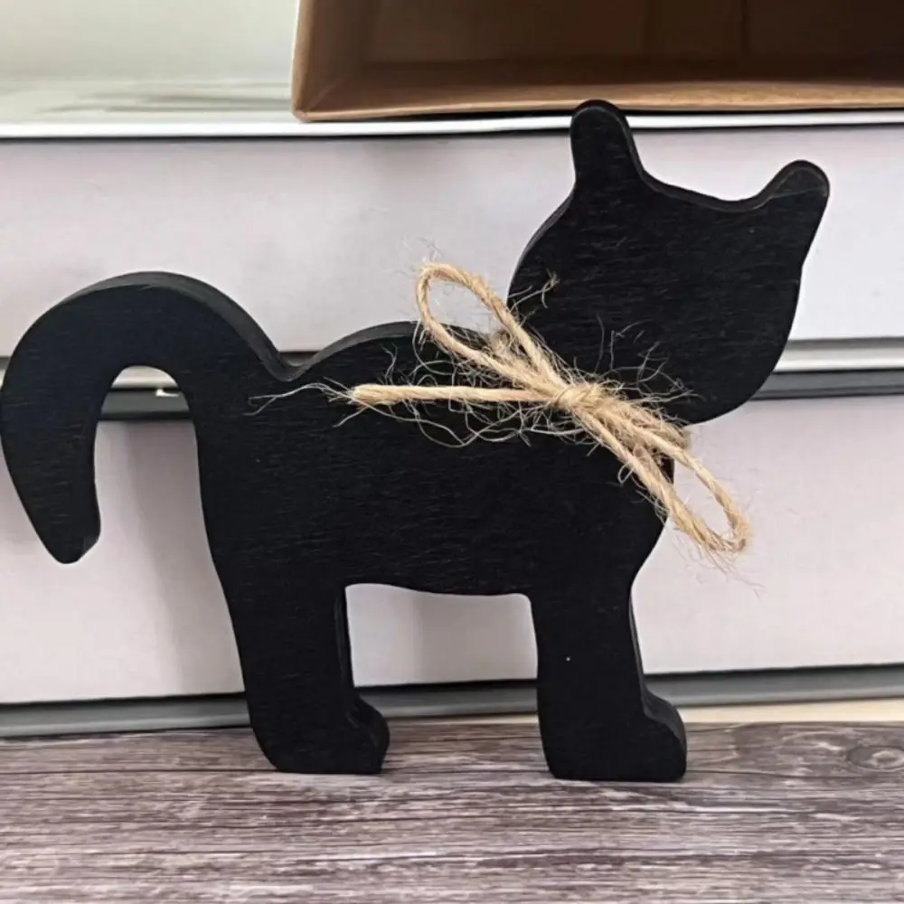 2pcs Table Sign Wooden Halloween Black Cat Ornament Cute Mini Cat Figurine Funny Vivid Cat Sculpture Autumn Season