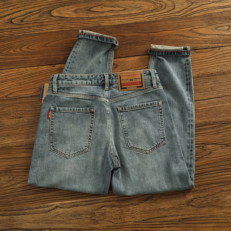 الرجعية اليابانية Sle الضوء الأزرق الرجال سليم مستقيم الساق الجينز الدنيم السراويل Faionable السراويل الطويلة مريحة للتنفس