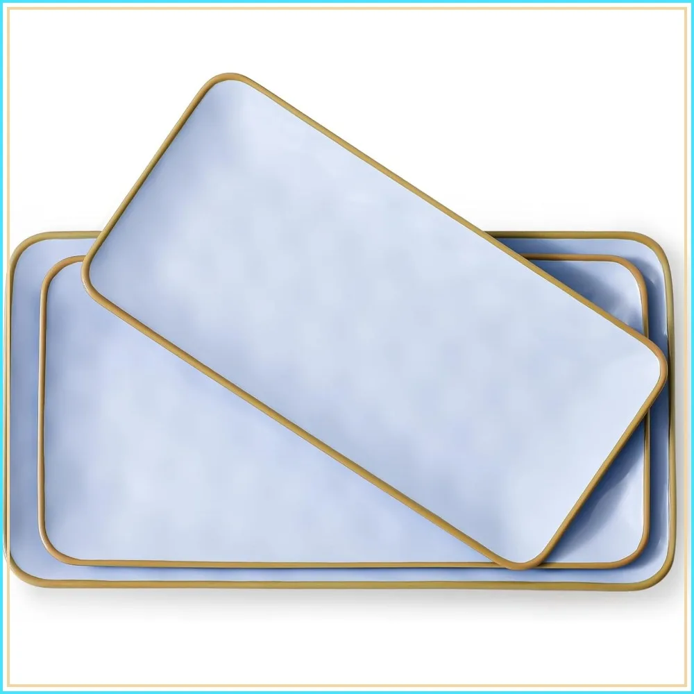 

Ceramic Rectangle Serving Platter Set 3 Sizes 15.6/14.1/12.6 Inch for Entertaining with Fluted Design Microwave Dishwasher Safe Blue