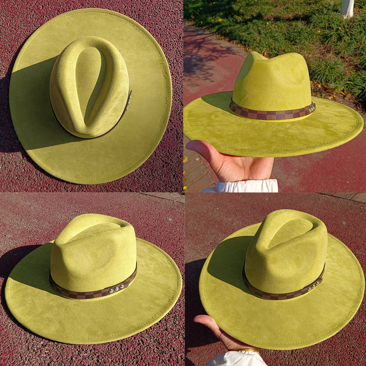 Sombrero de gamuza Fedora verde aguacate para hombres y mujeres, cinturón a cuadros, parte superior de gota de agua, ala grande, sombrero de gamuza