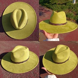 Avocado Green Fedora Suede Hat Checkered Belt Water Drop Top Large Brim Hat Men's and Women's Hat Suede Hat  sombrero mujer