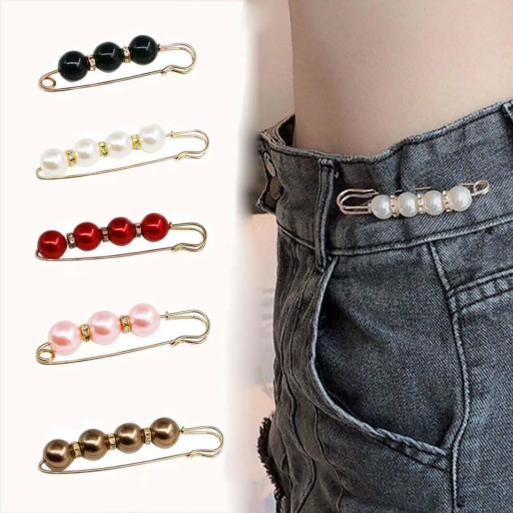 Pearls Waist Buckle Women Large Safety Pins Waistband Closing Fashion Anti-Exposure Silk Scarf Buckle Clothing Pant Adjust