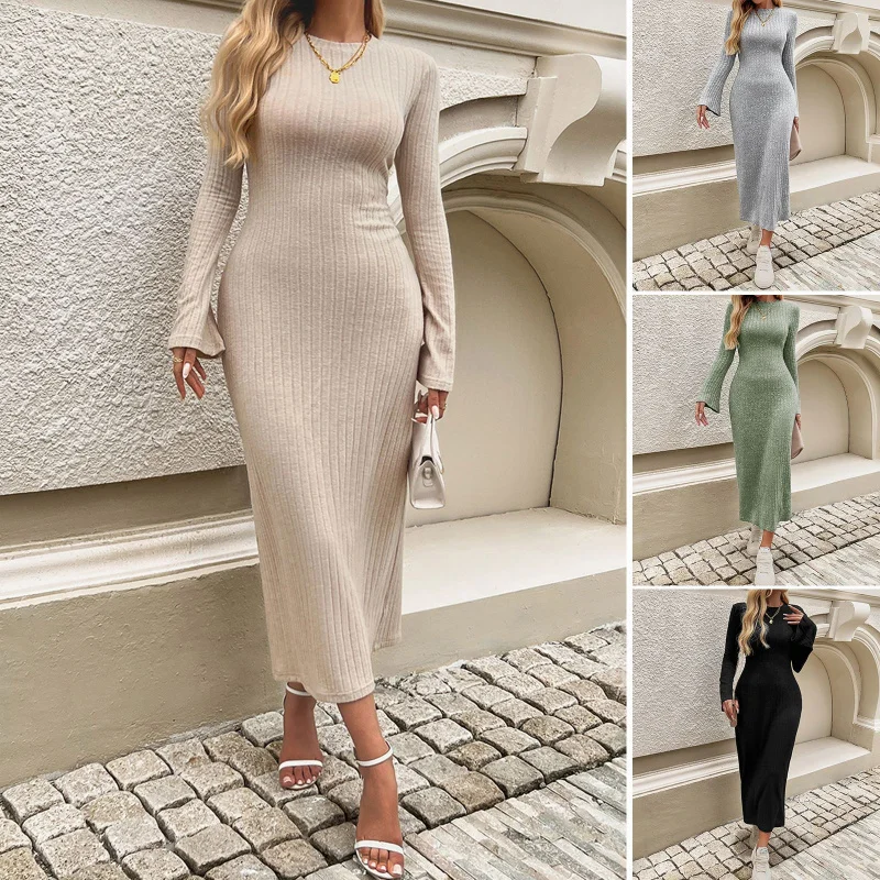 

Temperament Slim Fit Flared Sleeve Solid Color Knitted Dress