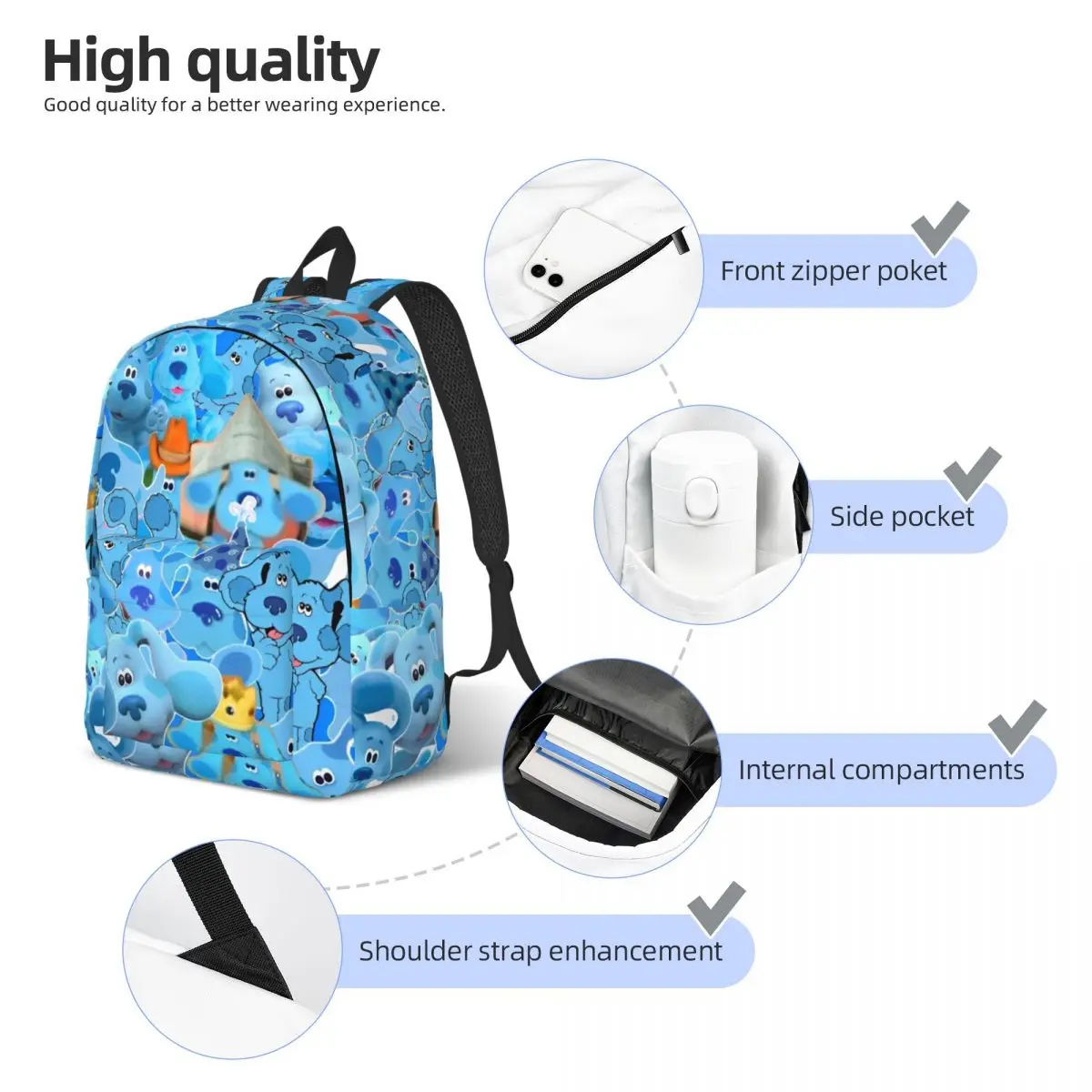 Mochila de pistas do azul dos desenhos animados, mochila para estudantes do ensino médio e médio, mochila para adolescentes com bolso