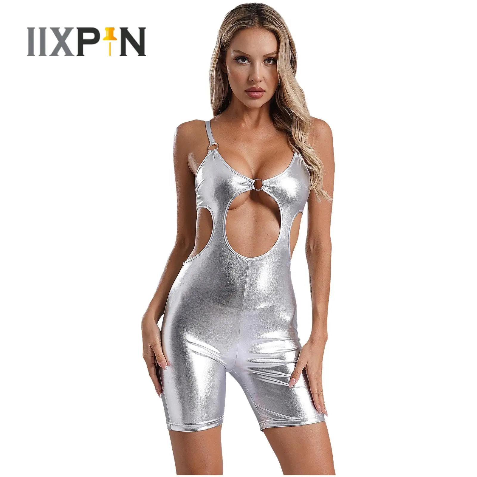 Womens Bodysuit Romper Sexy Clubwear Metallic Shiny O-ring Sleeveless Cutout Boyshorts Bottom One Piece Jumpsuit Pole Dancewear