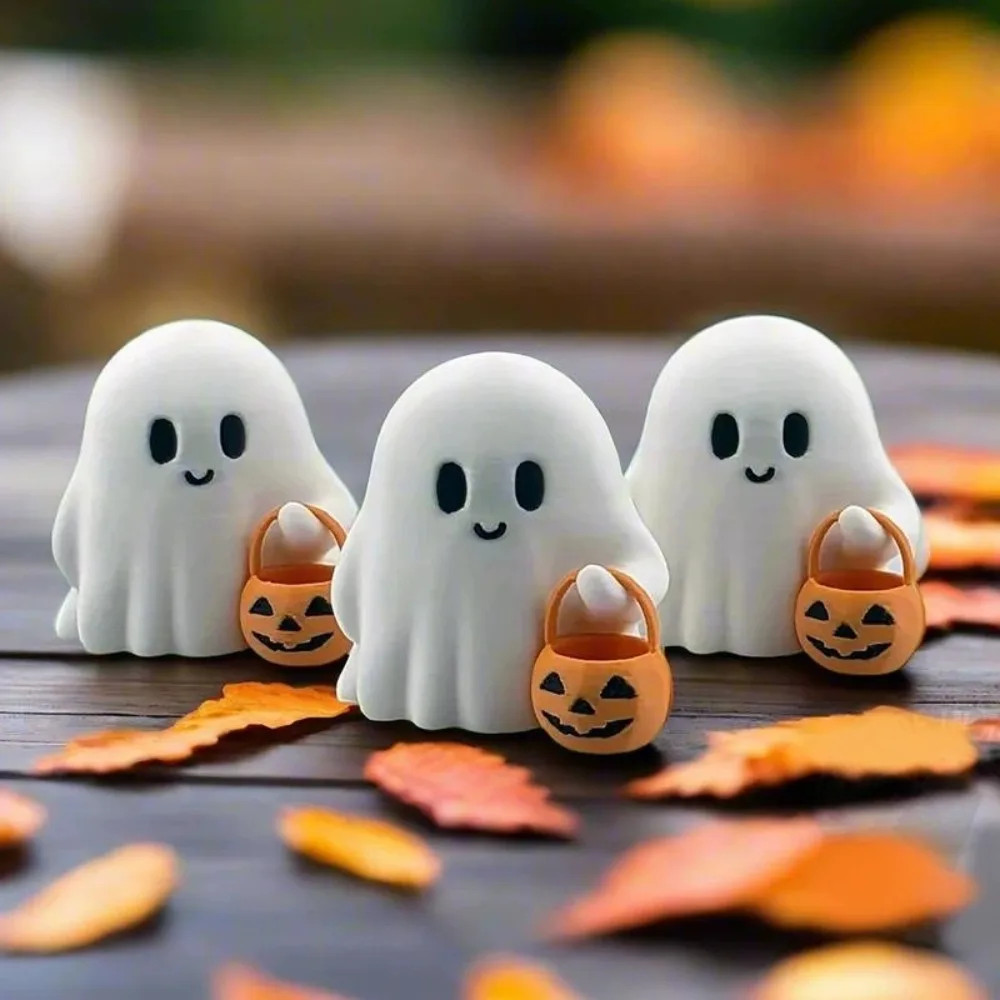 1/3pcs Halloween Ghost Figurine Plastic Cute Spooky Carrying Pumpkin Basket Halloween Desk Ornament Tiny Trick or Treat Ghost