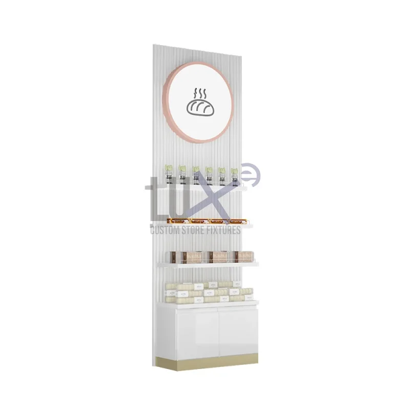 custom.Custom Luxury Bakery Showcase Elegant Retail Store Furniture Cake Bread Display Gold Winner POPAI Awards 3-Year