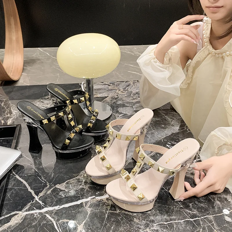 Measure Your Feet Length Before Order】Gladiator Women 14cm High Heels Slippers Slide Sandals Rivet Fashion Party Dress Shoes