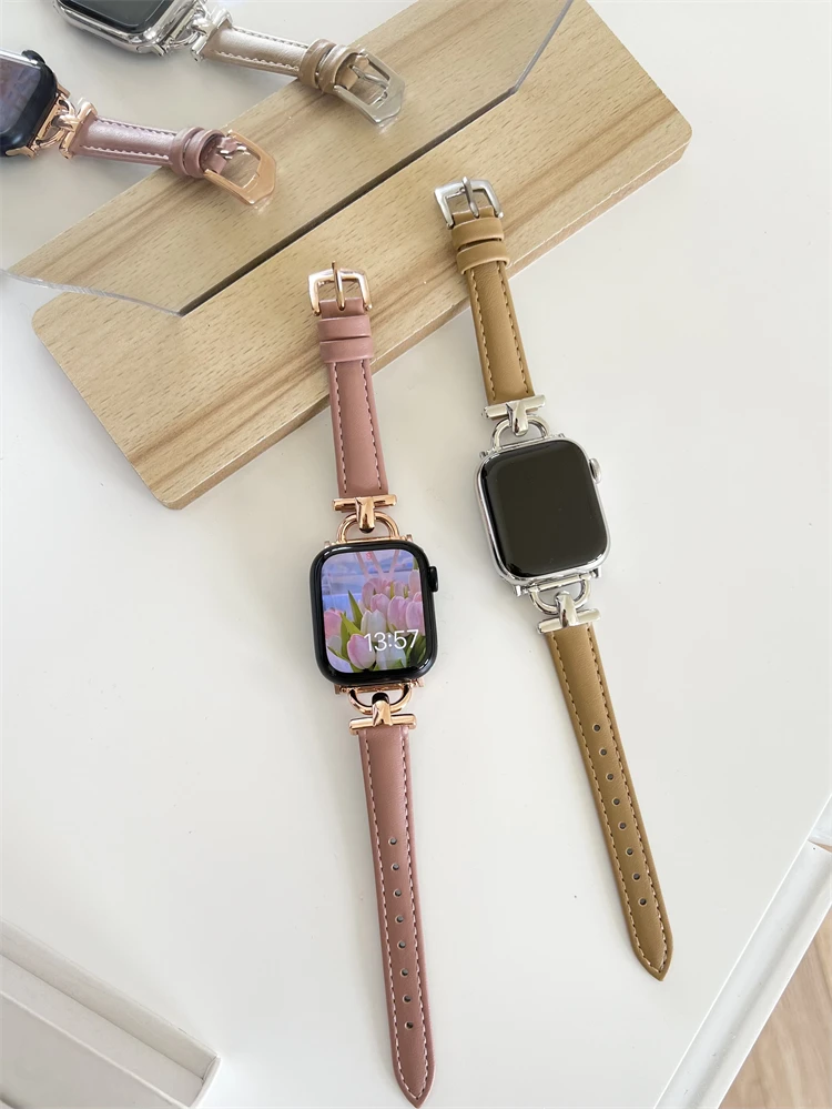 Leather Slim Watchband For Apple Watch Band 41MM 45MM 40mm 44mm 38mm 42mm Series 7 SE 6 5 4 3 2 1 Woman Thin Correa Wrist Strap