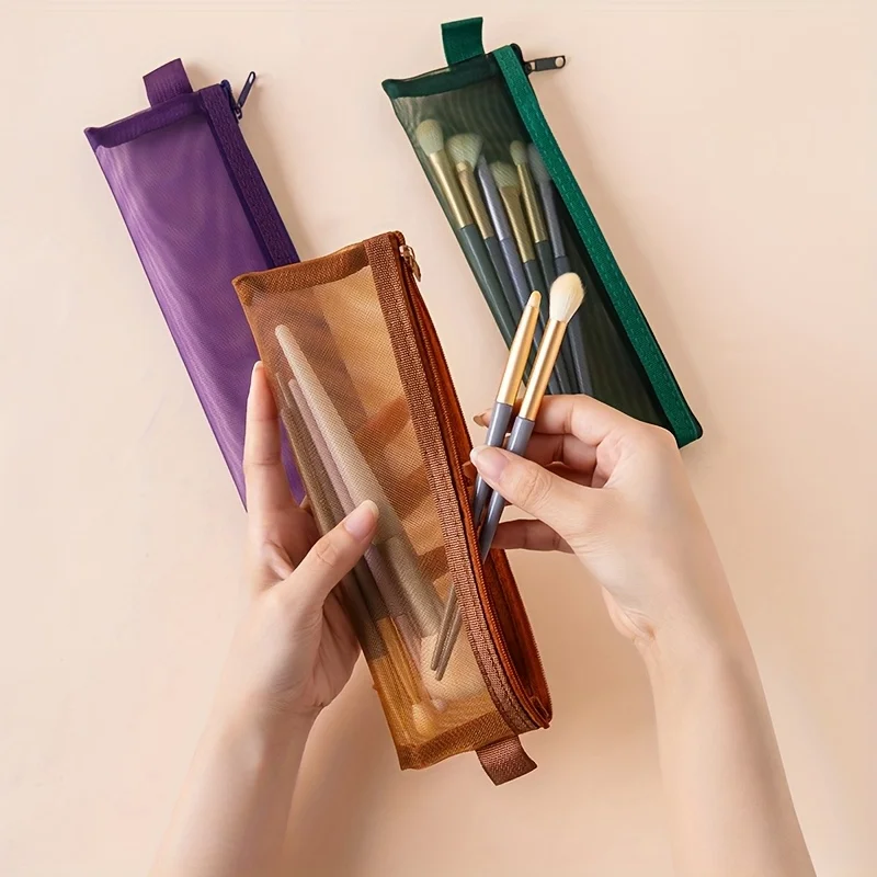 Bolsa de armazenamento para pincéis de maquiagem, bolsa de armazenamento multifuncional, bolsa de armazenamento em malha, estojo portátil para canetas, estojo prático para canetas