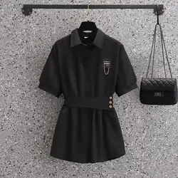 Summer Fashion Bandage Single-breasted Waist Shirt Korean Women's Clothing Solid Polo-Neck Chain Spliced Short Sleeve Blouses