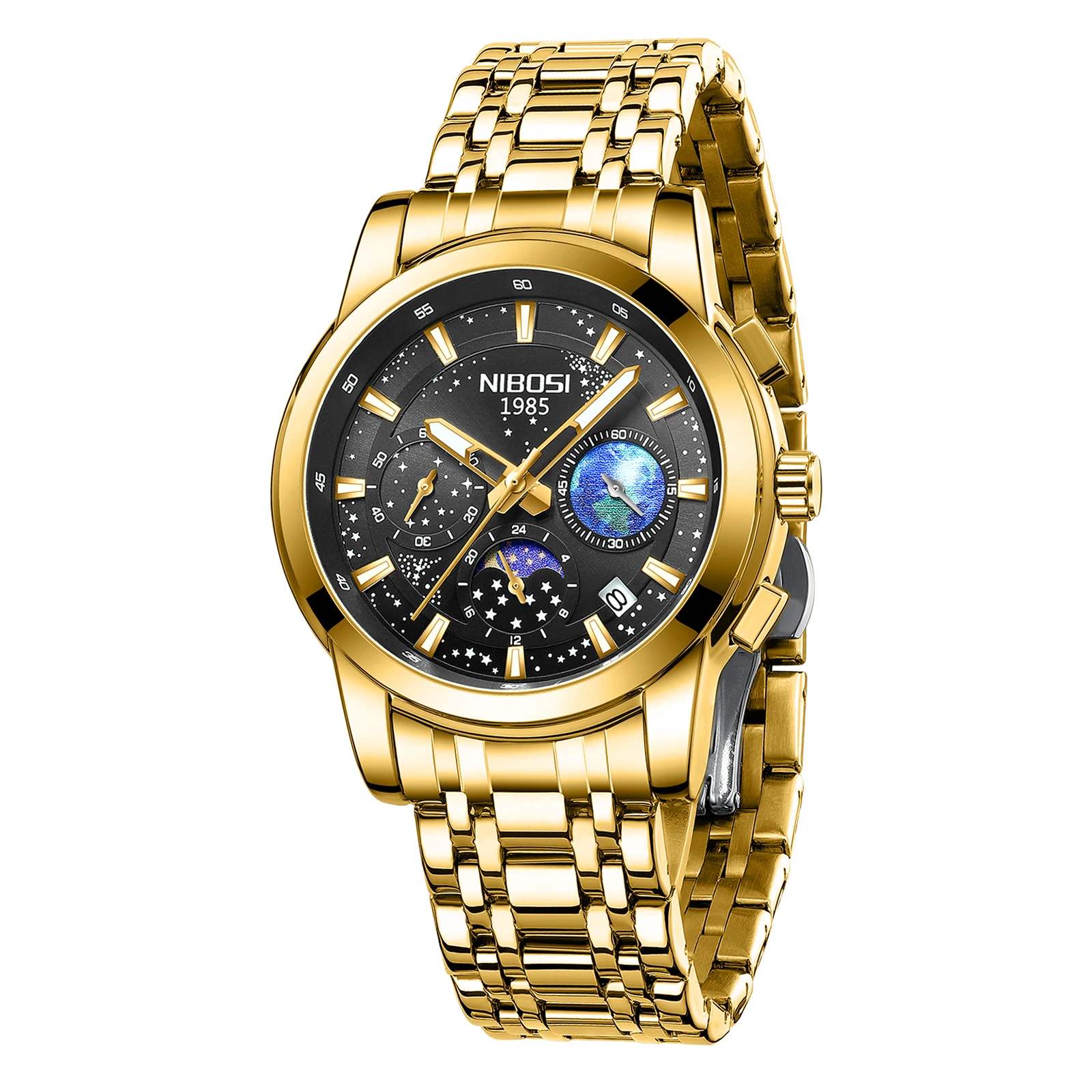 NIBOSI Gold Men Watches Top Brand Luxury Quartz Watch Men Chronograph Waterproof Luminous Gold Watches For Men Relogio Masculino