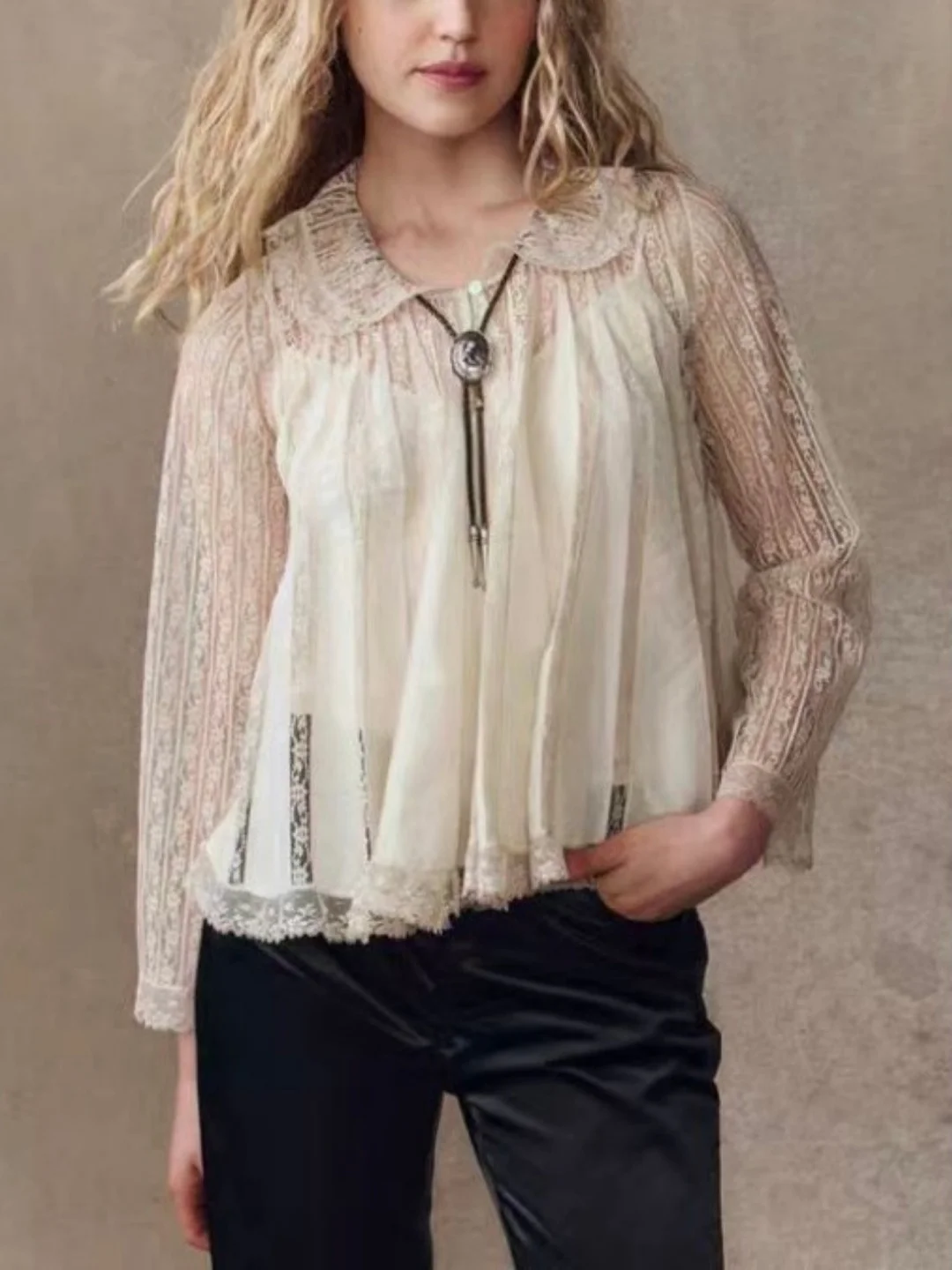 

Spring Summer Heavy Embroidery Lace irt Doll Collar Hollow out Transparent Svel Vest Long Sve with Sling Zoyoyued