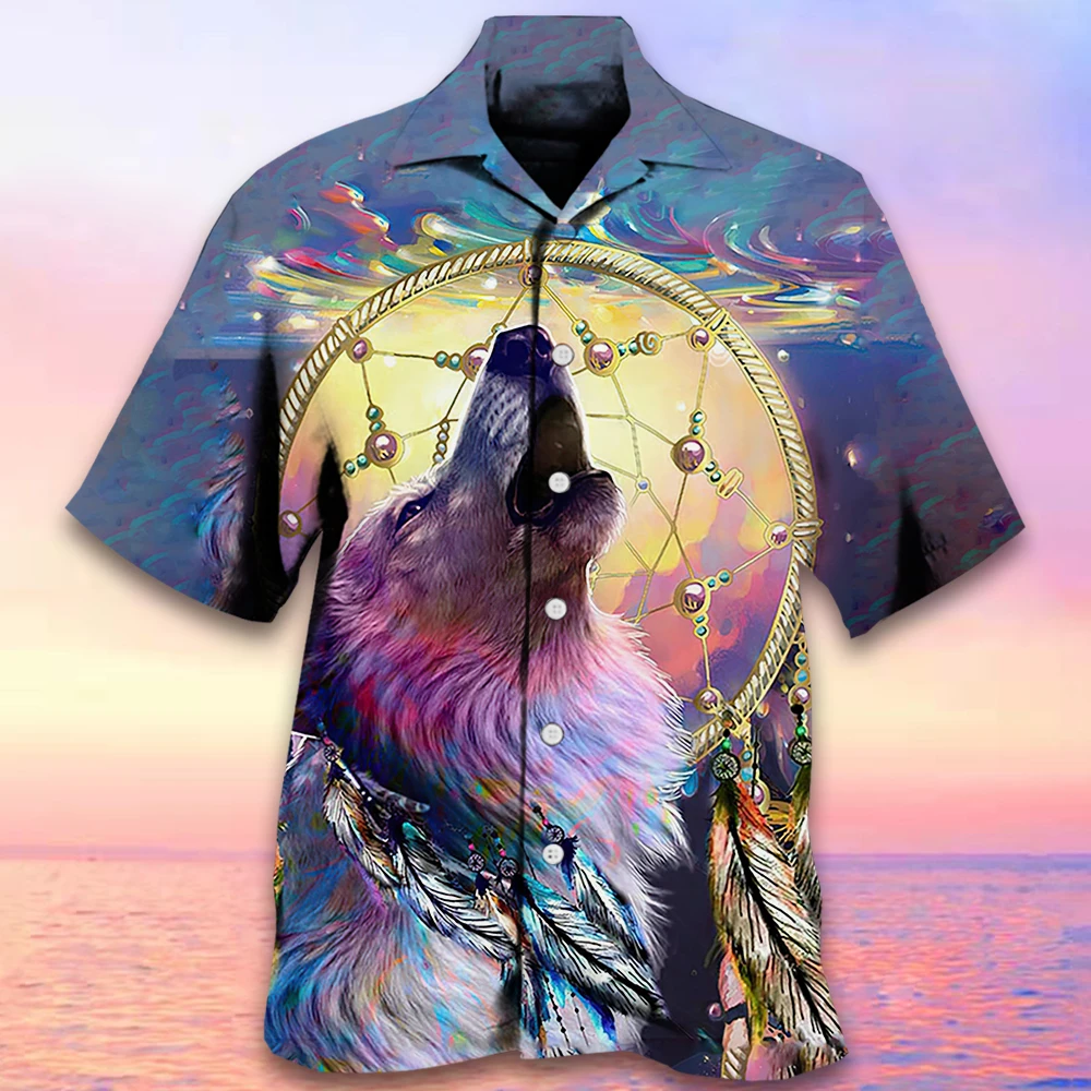 2024 New Wolf Print Cuban Collar Shirt Vintage Men\'s Shirt Street Fashion Oversized Hawaiian Shirts For Men Short Sleeve T-Shirt