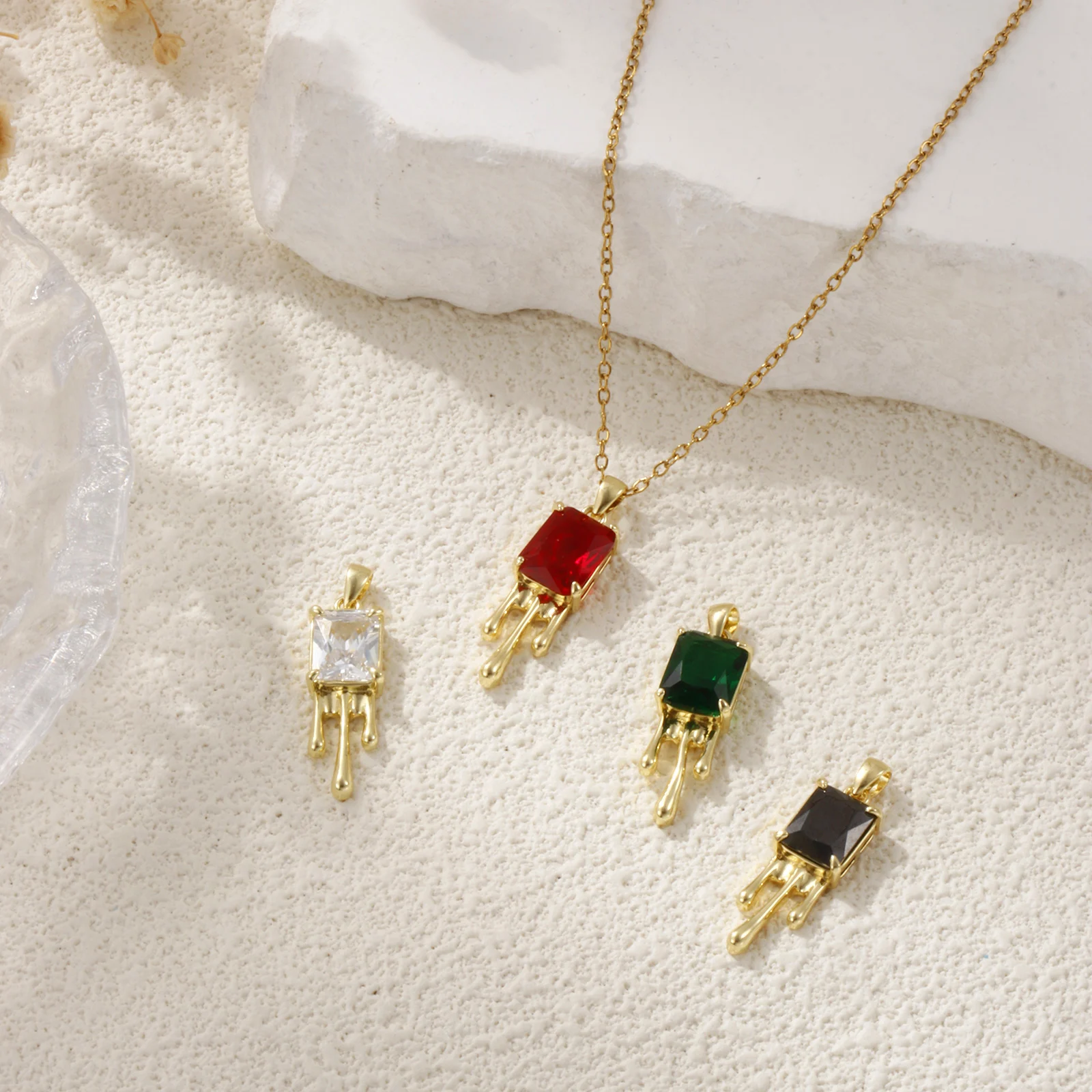 

1pc Brass Pendants Gold Plated Rectangle Multicolor Glass Zircon Pendant With Melon Seed Buckle Jewelry Findings 3cm X 0.8cm